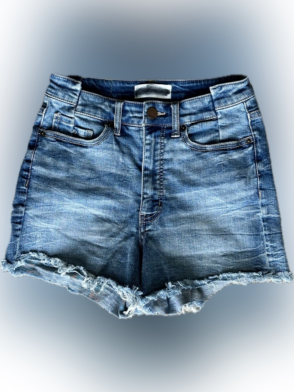 BKE Women's Frayed Hem Blue Denim Jean Shorts with Asymmetric  Waistband